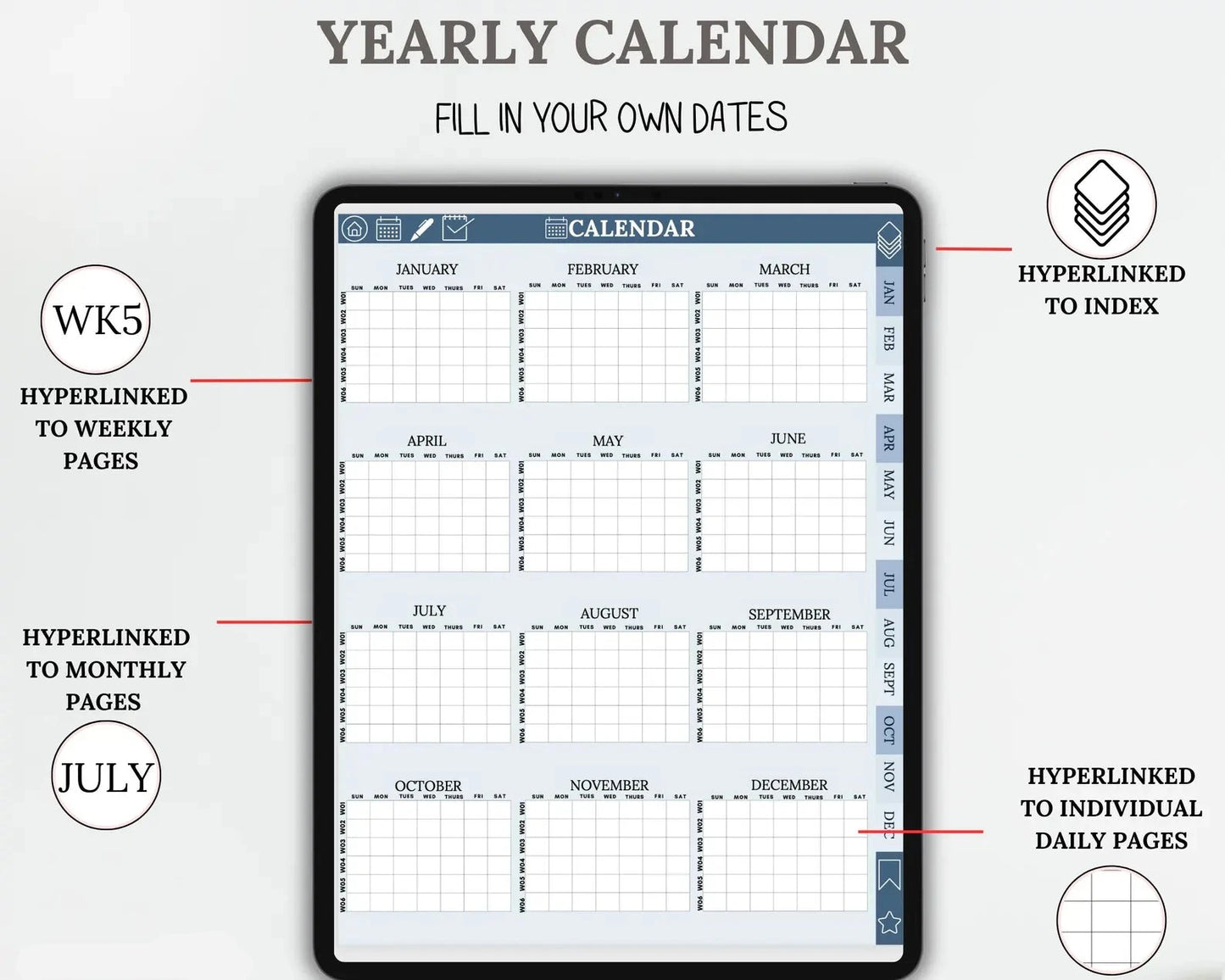 Undated Digital Planner | Fully Hyperlinked for Flexible Planning